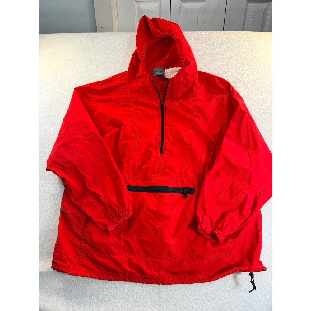 Woolrich Vintage Red Nylon Anorak Windbreaker Half Zip Hooded Jacket XL 1535WS